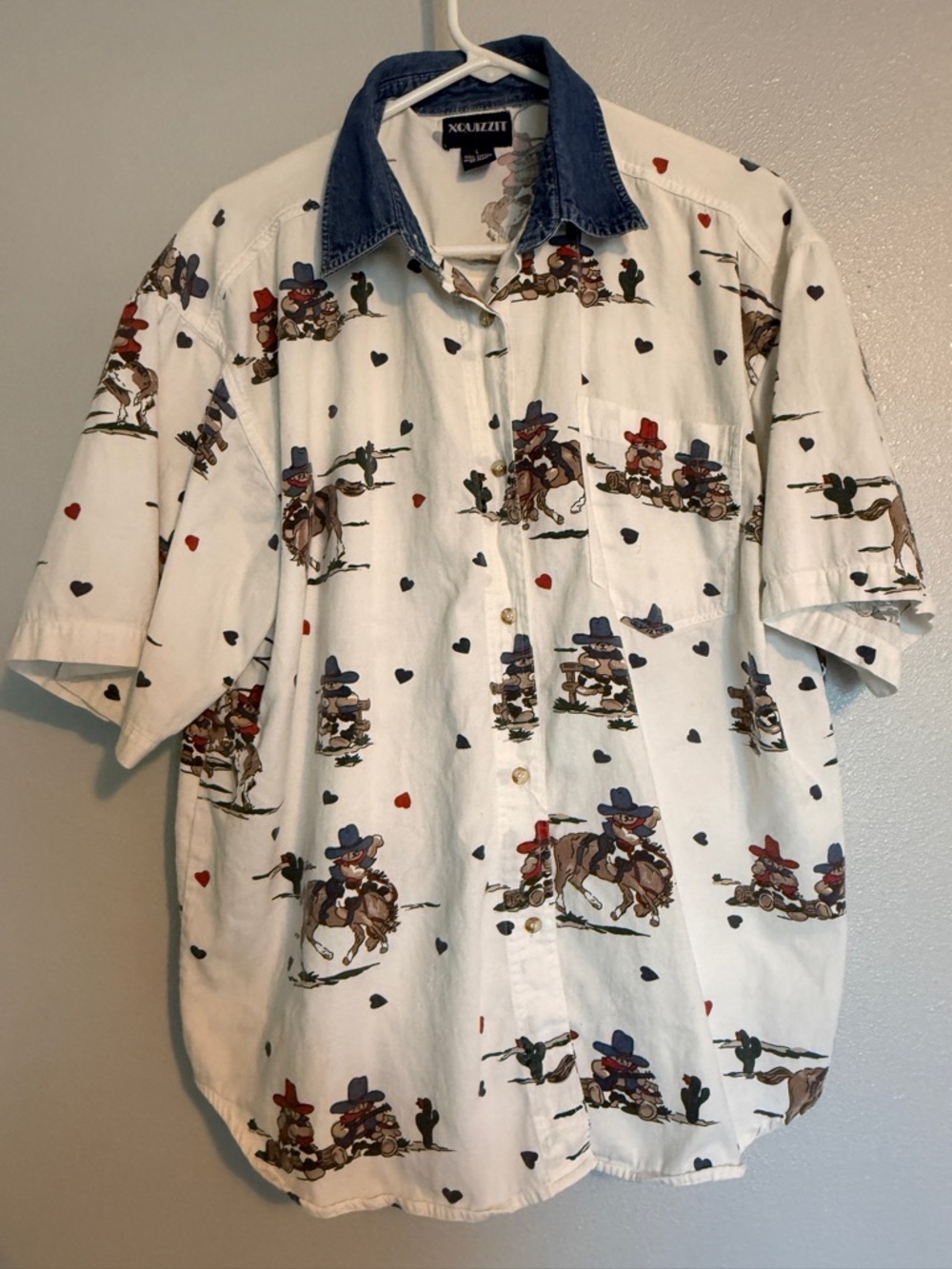 Vintage 90s XQUIZZIT Teddy Bear Western Cowboy Print Denim Collar Casual Shirt L
